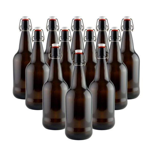 FastRack Swing Top Glass Bottles |16 oz – Pack of 12 | Amber Glass Bottles for Home Brewing